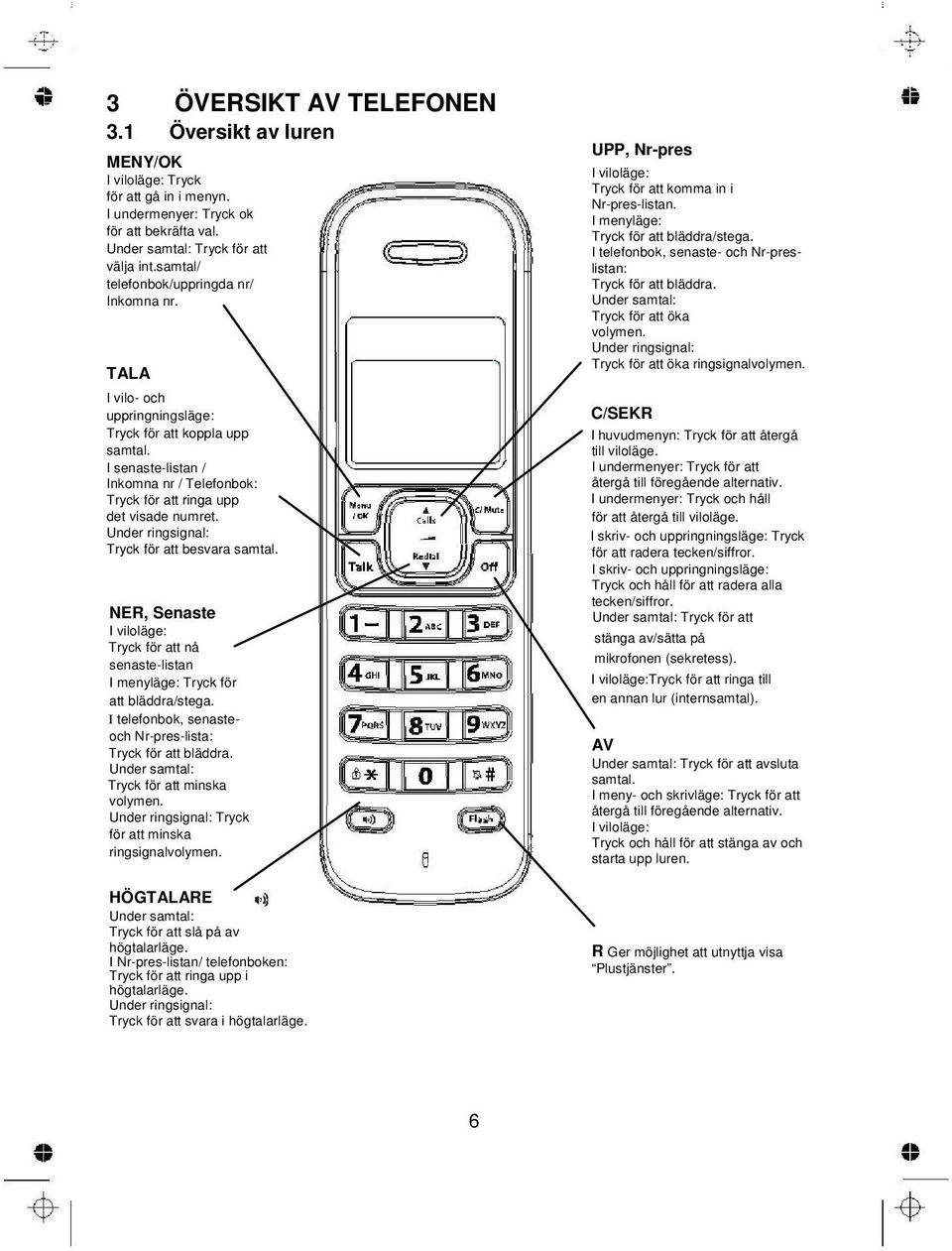 Under ringsignal: Tryck för att besvara samtal. NER, Senaste I viloläge: Tryck för att nå senaste-listan I menyläge: Tryck för att bläddra/stega.