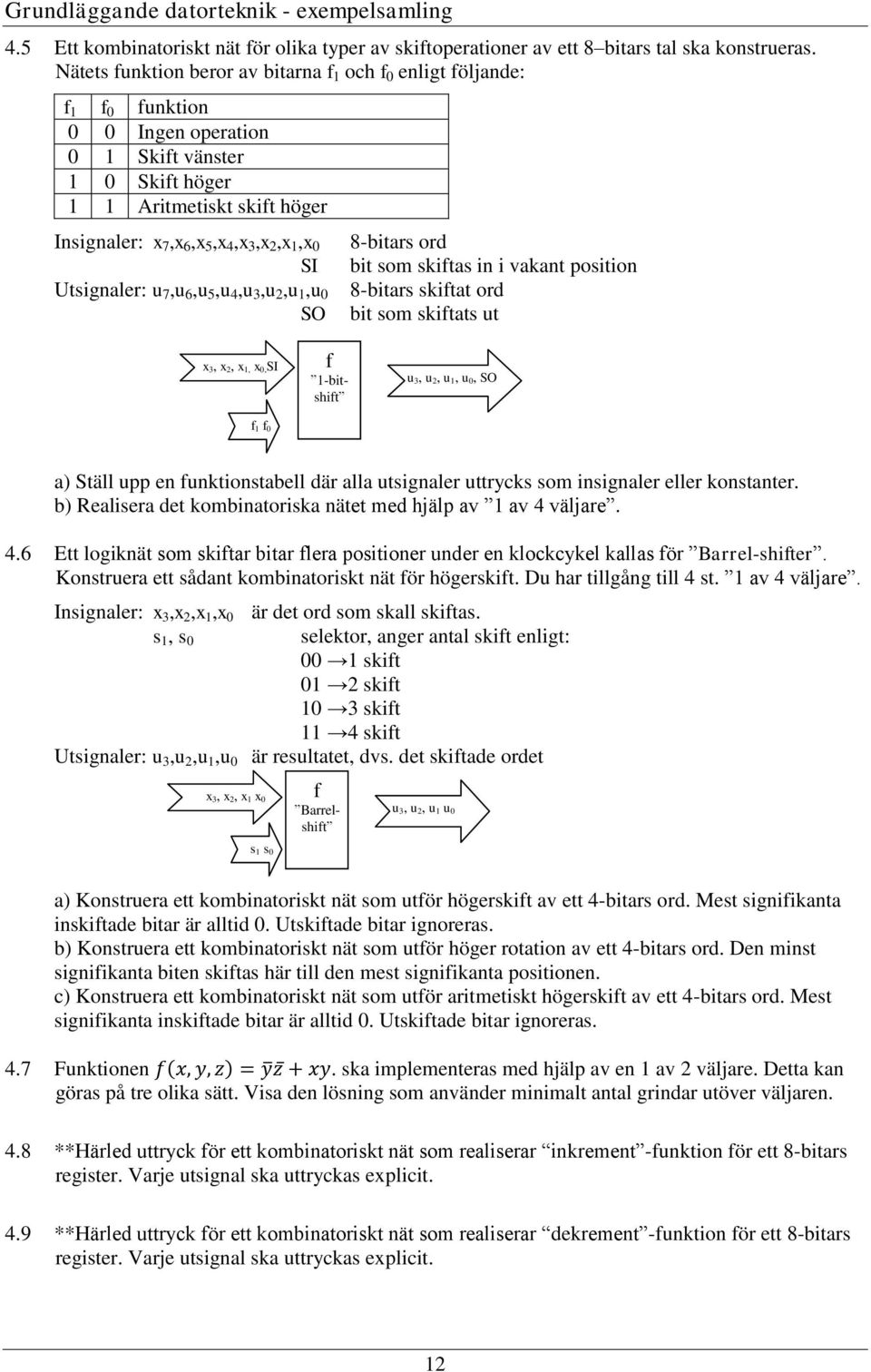 7,u 6,u 5,u 4,u 3,u 2,u,u 0 SO 8-bitars ord bit som skiftas in i vakant position 8-bitars skiftat ord bit som skiftats ut 3, 2,, 0,SI f f 0 f -bitshift u 3, u 2, u, u 0, SO a) Ställ upp en