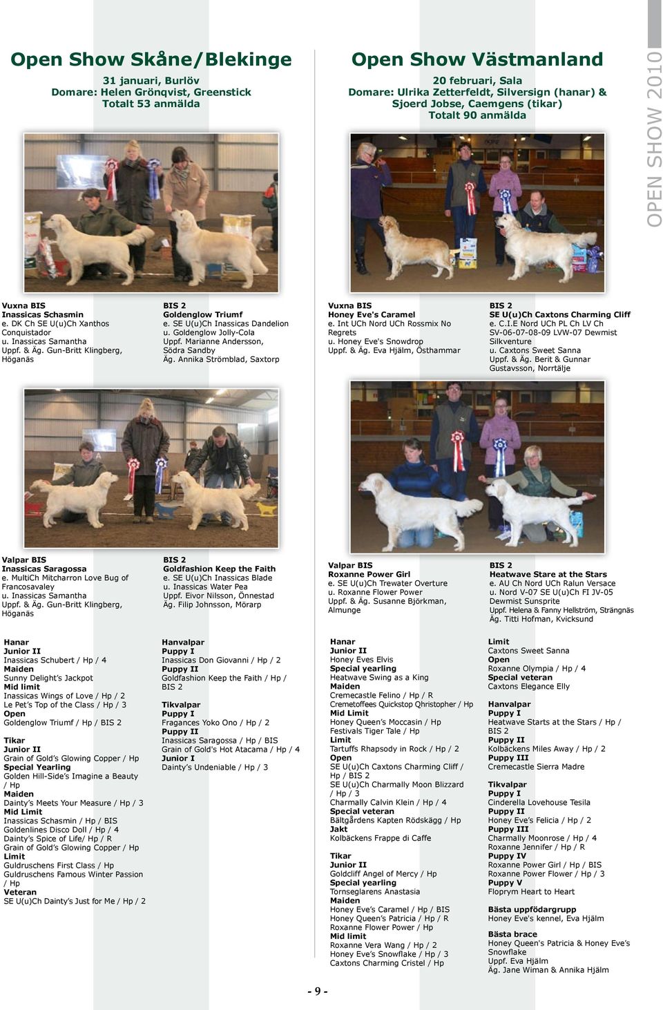 SE U(u)Ch Inassicas Dandelion u. Goldenglow Jolly-Cola Uppf. Marianne Andersson, Södra Sandby Äg. Annika Strömblad, Saxtorp Vuxna BIS Honey Eve's Caramel e. Int UCh Nord UCh Rossmix No Regrets u.