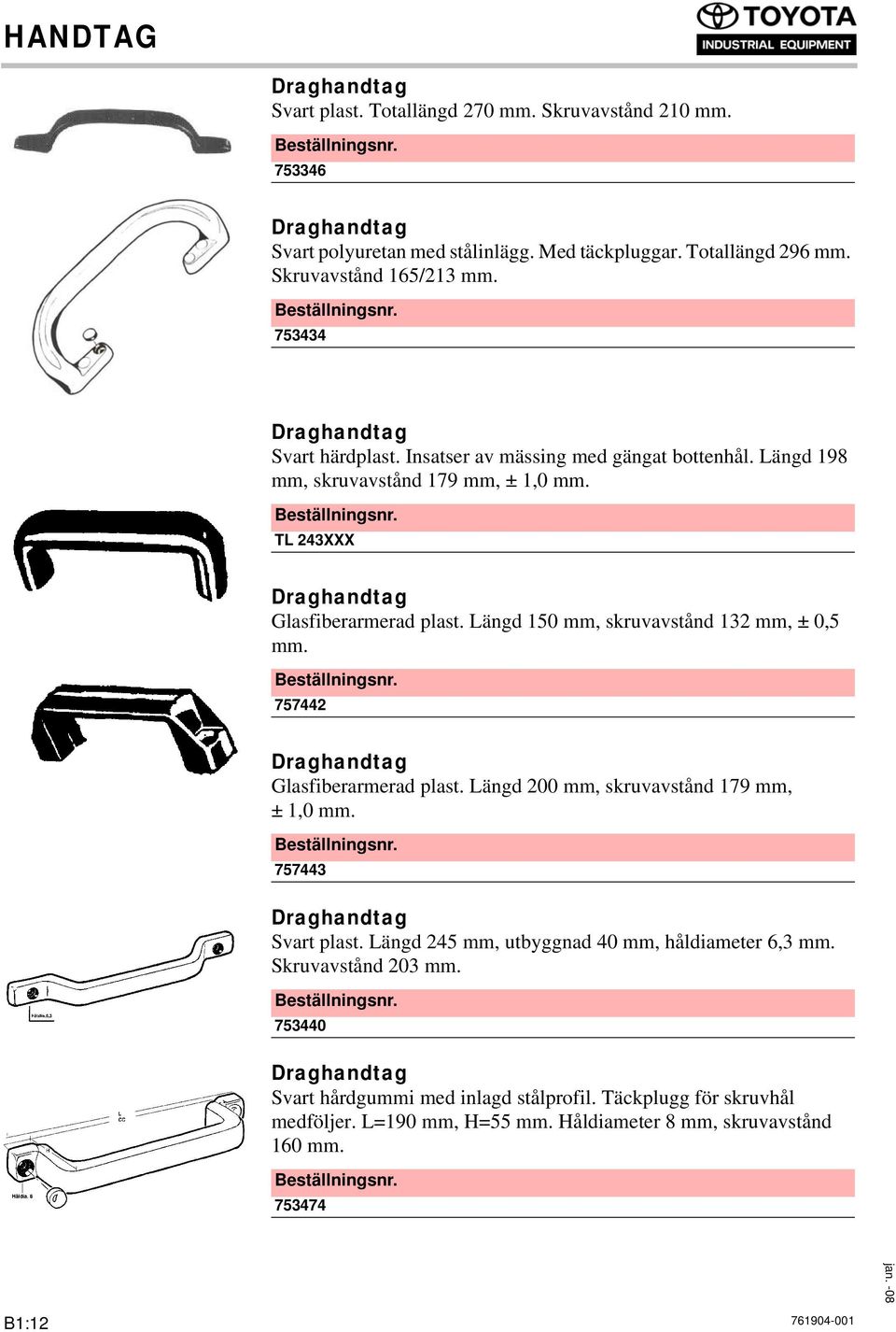 Längd 150 mm, skruvavstånd 132 mm, ± 0,5 mm. 757442 Draghandtag Glasfiberarmerad plast. Längd 200 mm, skruvavstånd 179 mm, ± 1,0 mm. 757443 Draghandtag Svart plast.