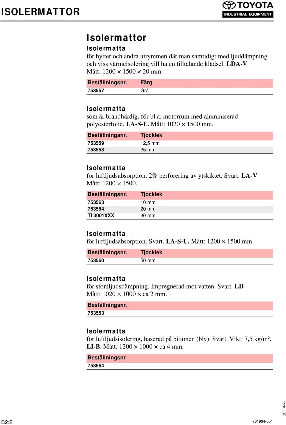 Tjocklek 753559 12,5 mm 753558 25 mm Isolermatta för luftljudsabsorption. 2% perforering av ytskiktet. Svart. LA-V Mått: 1200 1500.