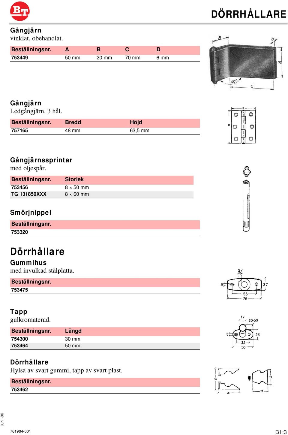 Storlek 753456 8 50 mm TG 131850XXX 8 60 mm Smörjnippel 753320 Dörrhållare Gummihus med invulkad