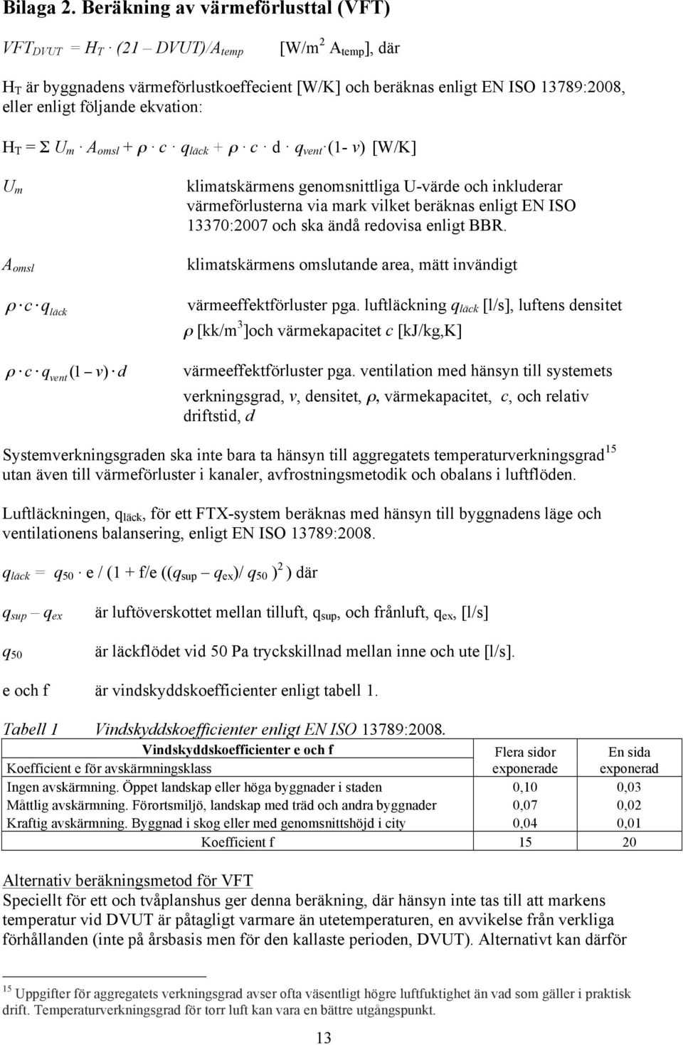 ekvation: H T = Σ U m A omsl + ρ c q läck + ρ c d q vent (1- v) [W/K] U m A omsl klimatskärmens genomsnittliga U-värde och inkluderar värmeförlusterna via mark vilket beräknas enligt EN ISO