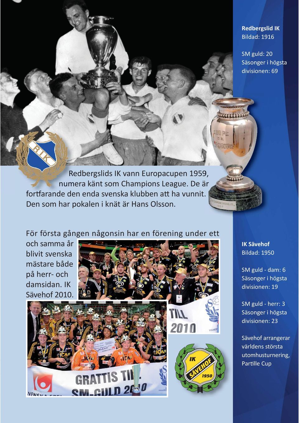 För första gången någonsin har en förening under ett och samma år blivit svenska mästare både på herr- och damsidan. IK Sävehof 2010.