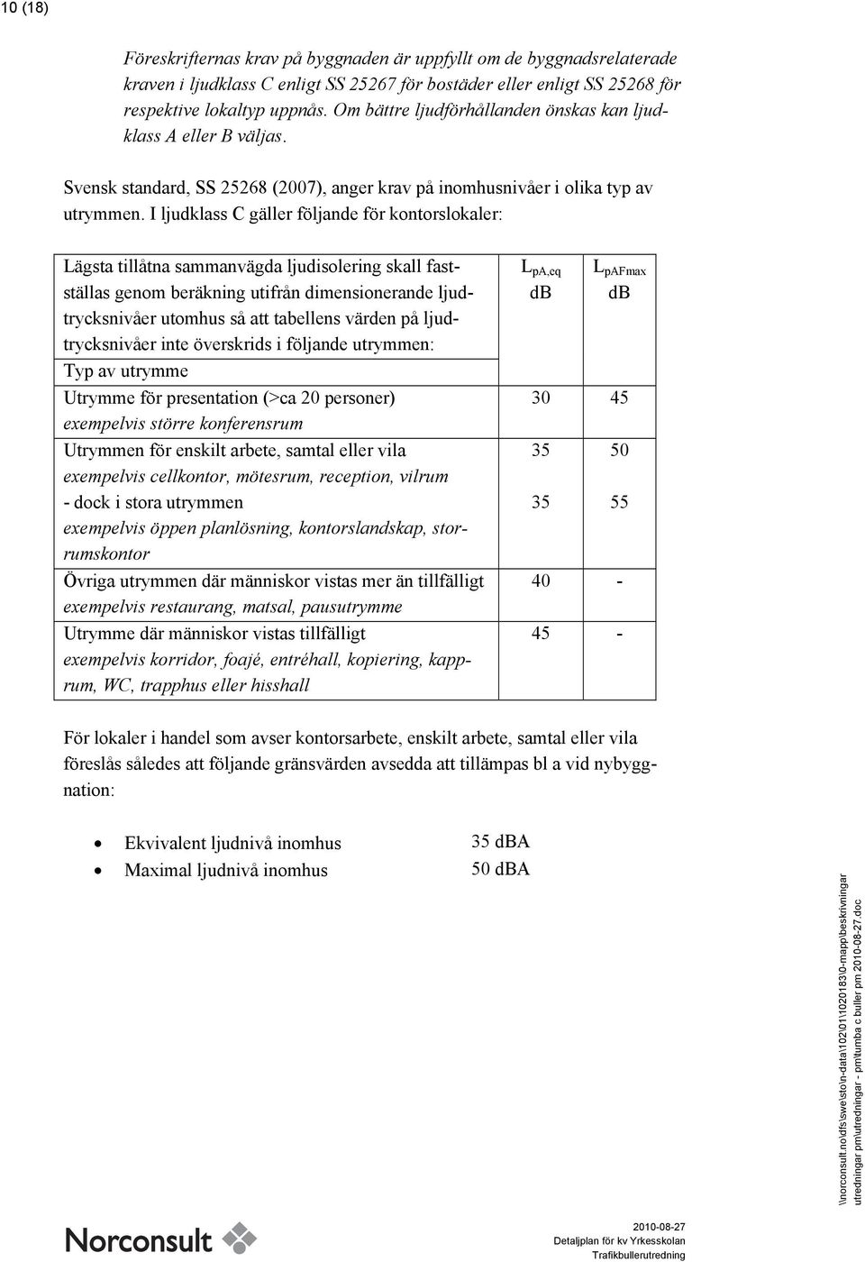 I ljudklass C gäller följande för kontorslokaler: Lägsta tillåtna sammanvägda ljudisolering skall fastställas genom beräkning utifrån dimensionerande ljudtrycksnivåer utomhus så att tabellens värden