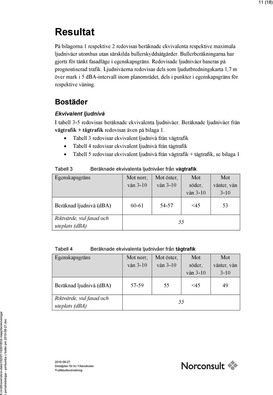 Ljudnivåerna redovisas dels som ljudutbredningskarta 1,7 m över mark i 5 dba-intervall inom planområdet, dels i punkter i egenskapsgräns för respektive våning.