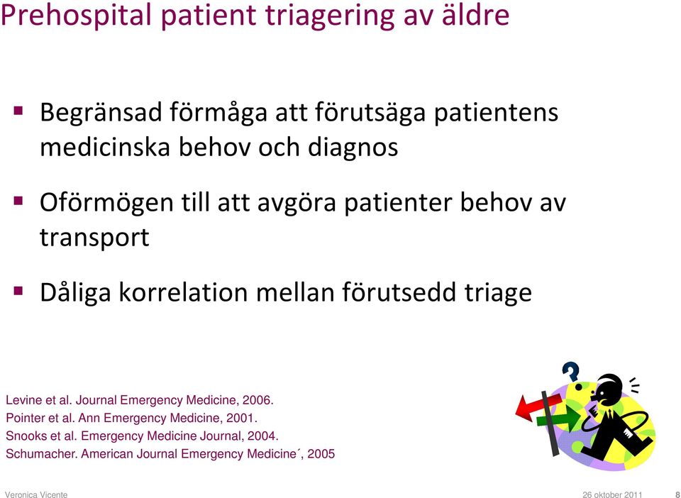 Levine et al. Journal Emergency Medicine, 2006. Pointer et al. Ann Emergency Medicine, 2001. Snooks et al.