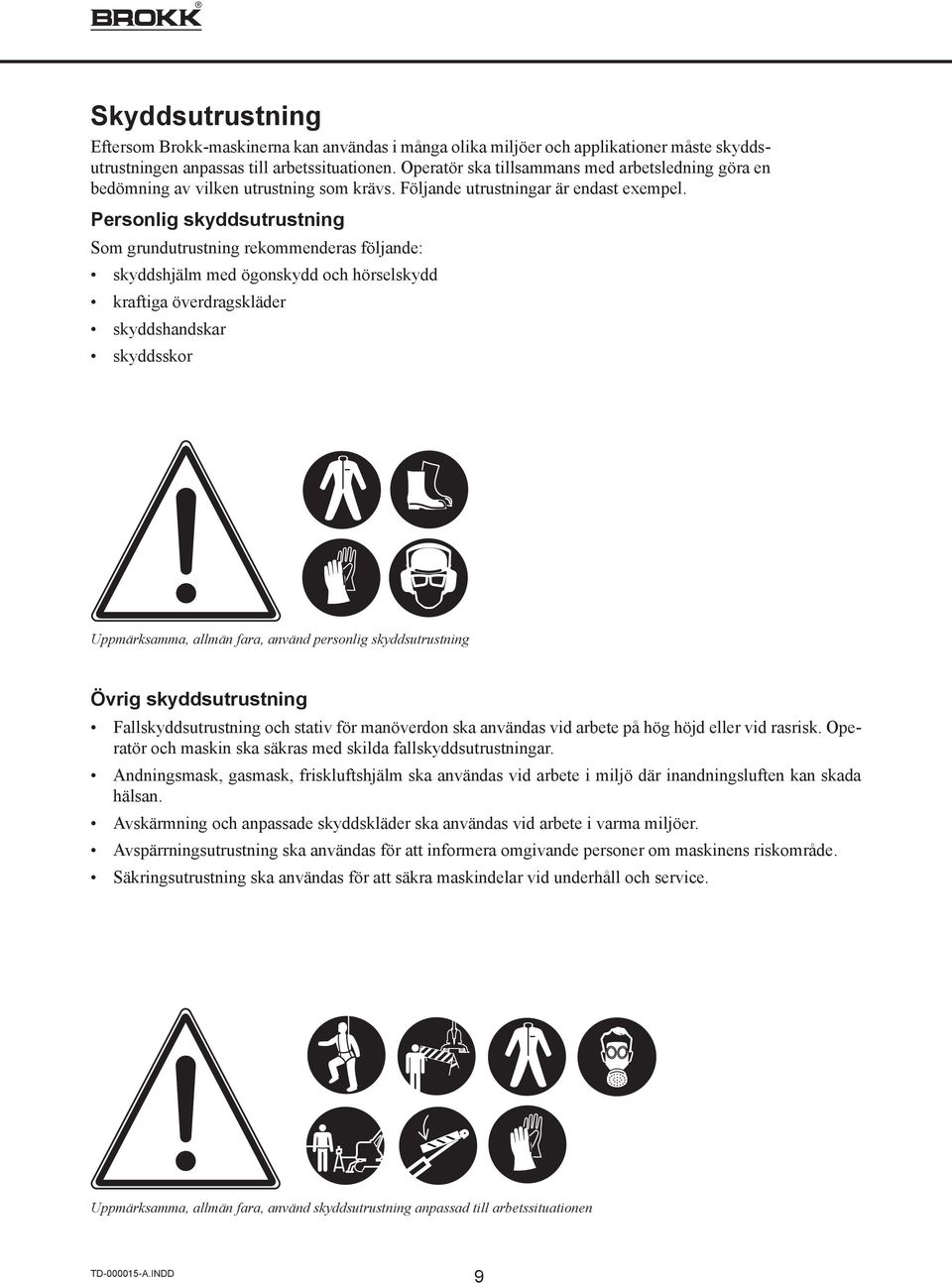 Personlig skyddsutrustning Som grundutrustning rekommenderas följande: skyddshjälm med ögonskydd och hörselskydd kraftiga överdragskläder skyddshandskar skyddsskor Uppmärksamma, allmän fara, använd
