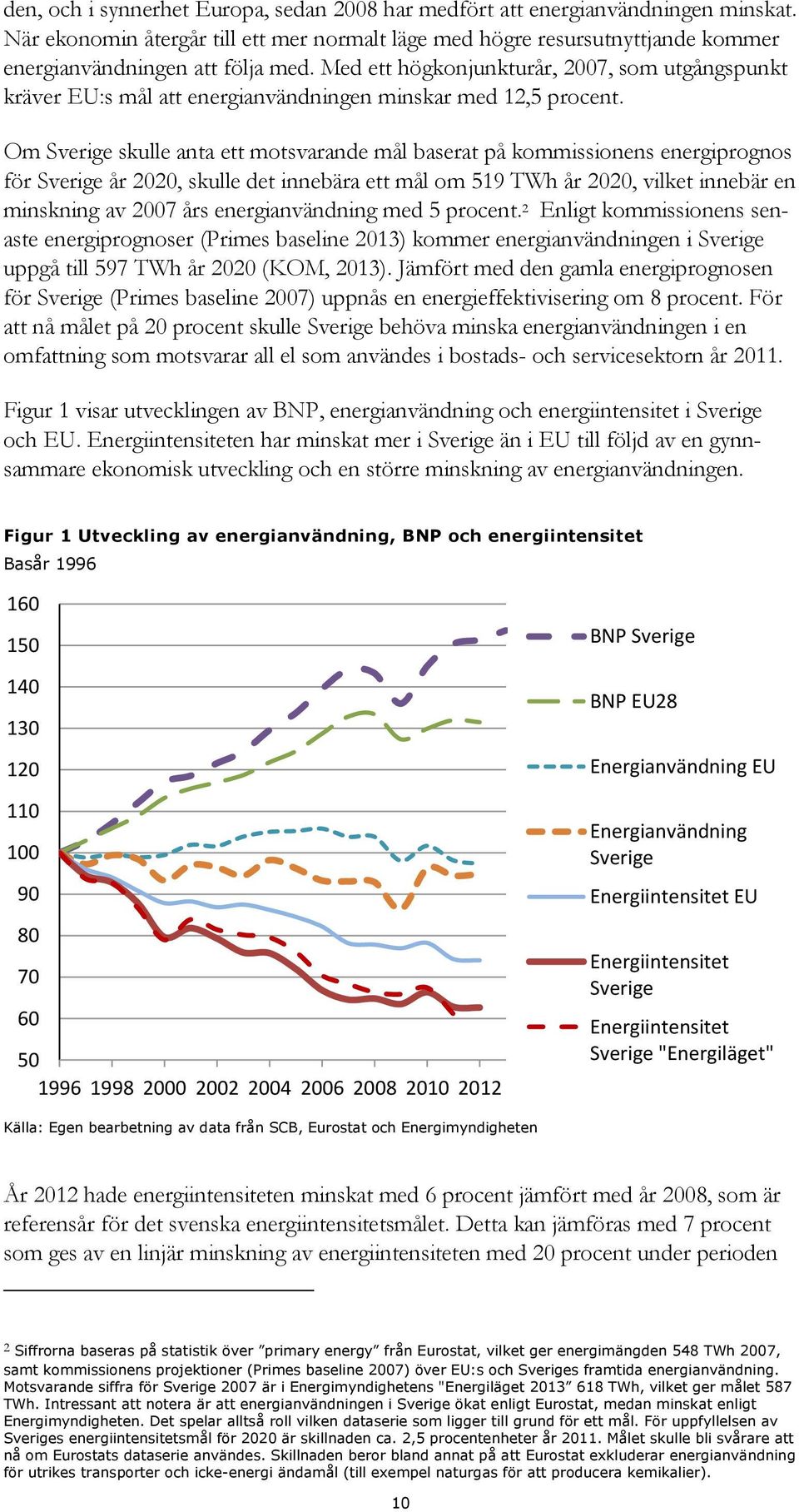 Om Sverige skulle anta ett motsvarande mål baserat på kommissionens energiprognos för Sverige år 2020, skulle det innebära ett mål om 519 TWh år 2020, vilket innebär en minskning av 2007 års