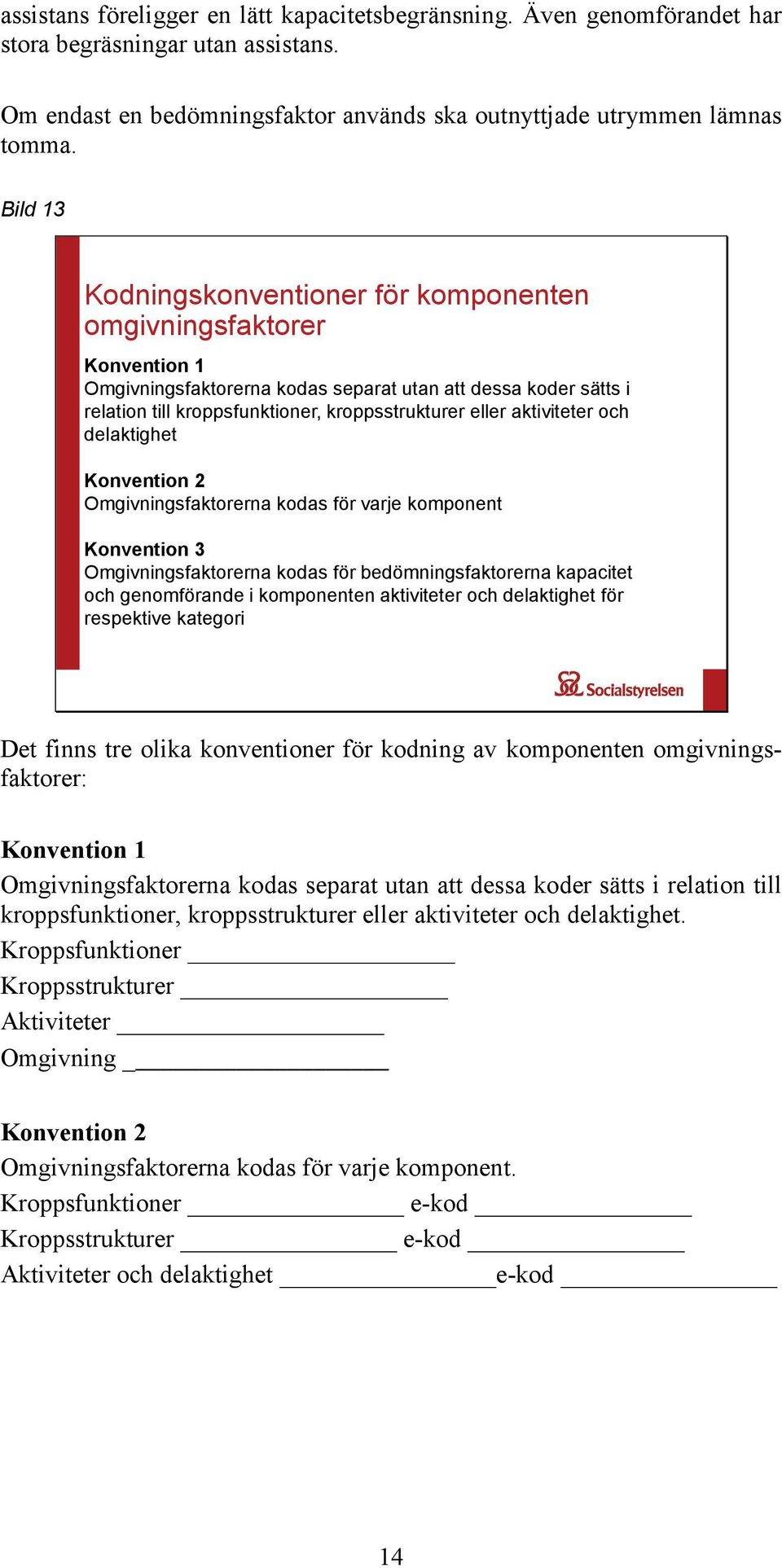 aktiviteter och delaktighet Konvention 2 Omgivningsfaktorerna kodas för varje komponent Konvention 3 Omgivningsfaktorerna kodas för bedömningsfaktorerna kapacitet och genomförande i komponenten