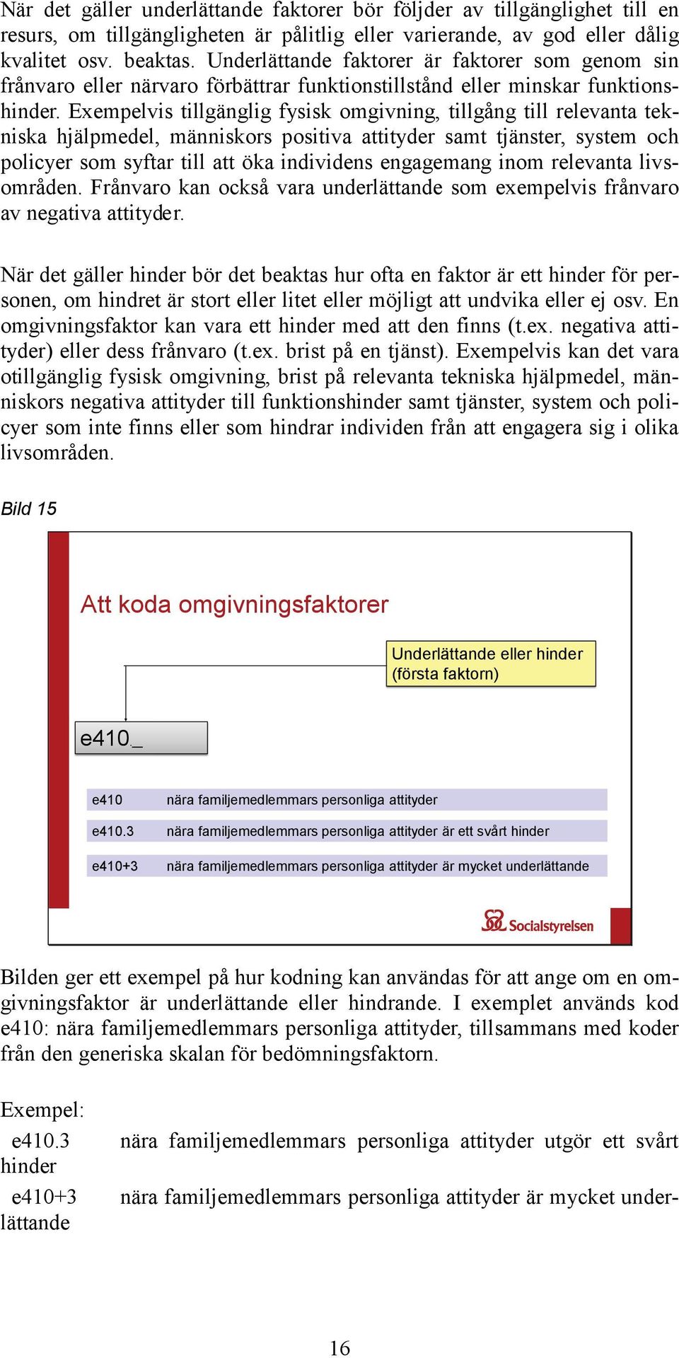 Exempelvis tillgänglig fysisk omgivning, tillgång till relevanta tekniska hjälpmedel, människors positiva attityder samt tjänster, system och policyer som syftar till att öka individens engagemang