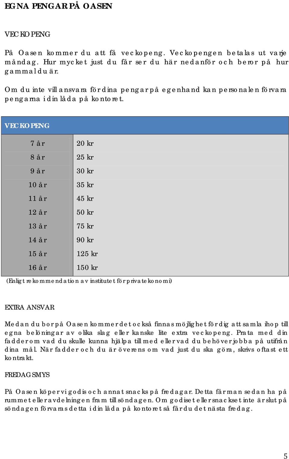 VECKOPENG 7 år 8 år 9 år 10 år 11 år 12 år 13 år 14 år 15 år 16 år 20 kr 25 kr 30 kr 35 kr 45 kr 50 kr 75 kr 90 kr 125 kr 150 kr (Enligt rekommendation av institutet för privatekonomi) EXTRA ANSVAR