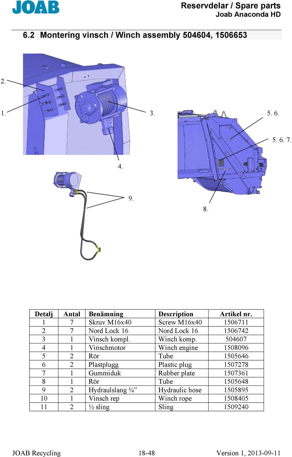 504607 4 1 Vinschmotor Winch engine 1508096 5 2 Rör Tube 1505646 6 2 Plastplugg Plastic plug 1507278 7 1 Gummiduk