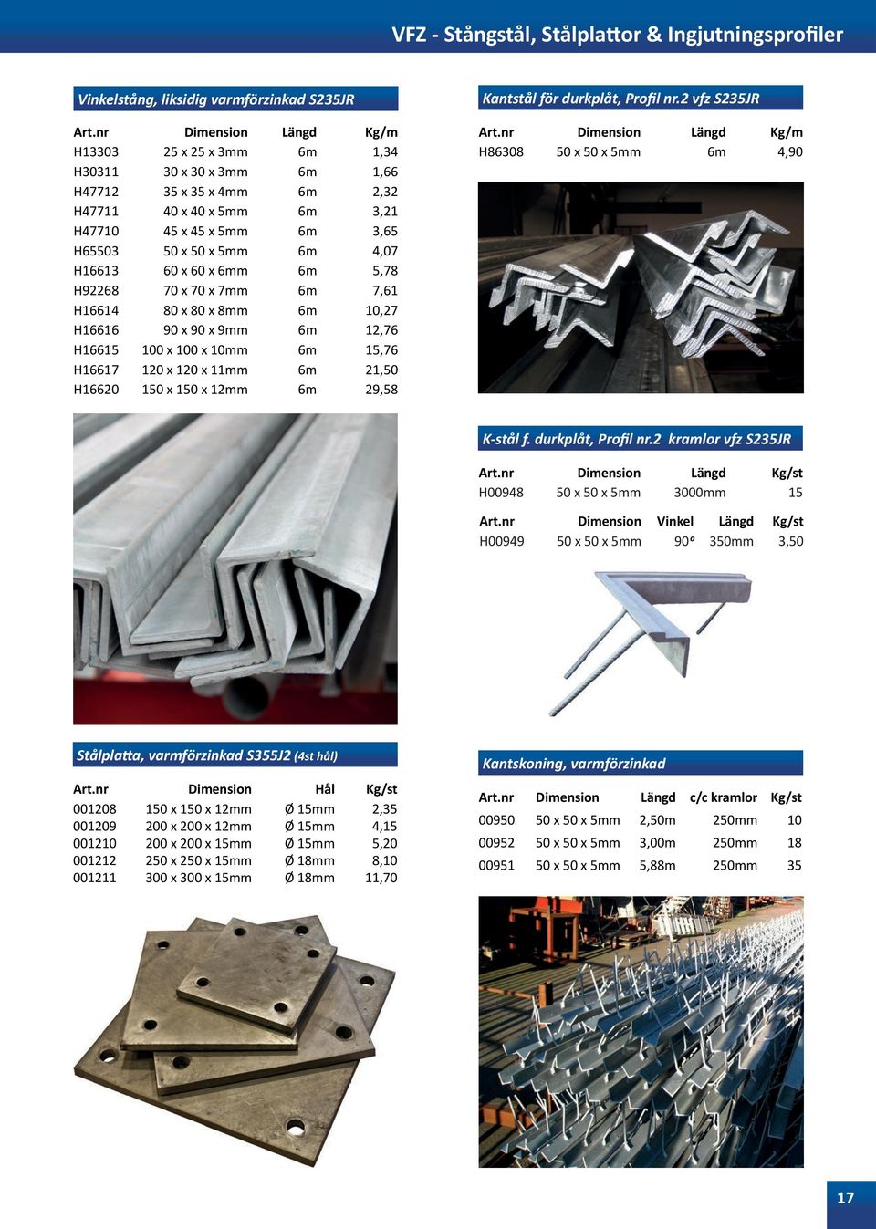 x 100 x 10mm 6m 15,76 H16617 120 x 120 x 11mm 6m 21,50 H16620 150 x 150 x 12mm 6m 29,58 Kantstål för durkplåt, Profil nr.2 vfz S235JR H86308 50 x 50 x 5mm 6m 4,90 K-stål f. durkplåt, Profil nr.2 kramlor vfz S235JR Art.