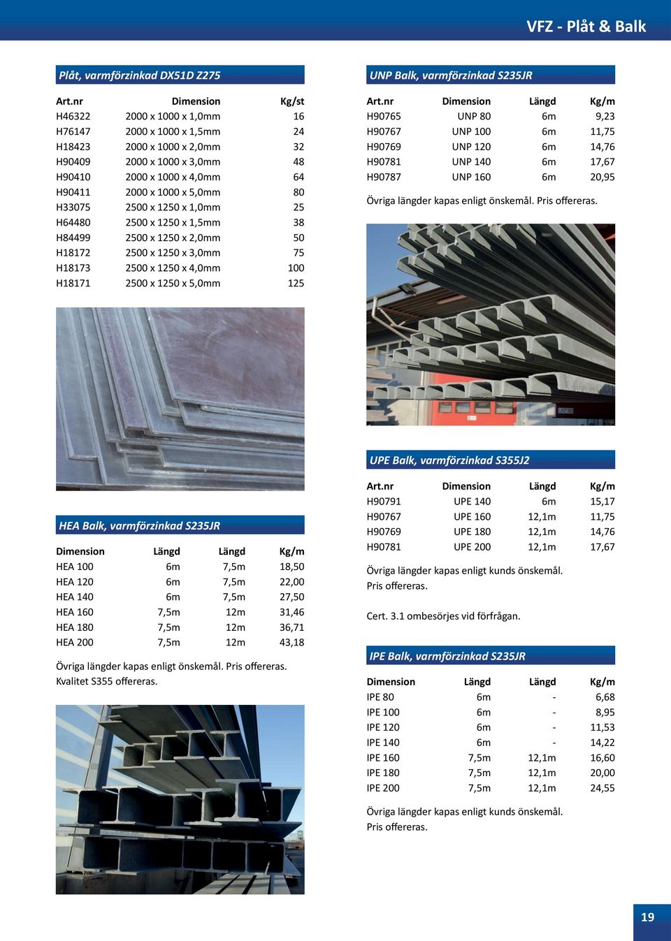 x 5,0mm 125 UNP Balk, varmförzinkad S235JR H90765 UNP 80 6m 9,23 H90767 UNP 100 6m 11,75 H90769 UNP 120 6m 14,76 H90781 UNP 140 6m 17,67 H90787 UNP 160 6m 20,95 Övriga längder kapas enligt önskemål.