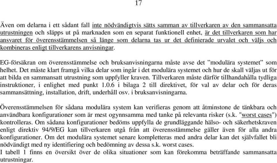 EG-försäkran om överensstämmelse och bruksanvisningarna måste avse det modulära systemet som helhet.