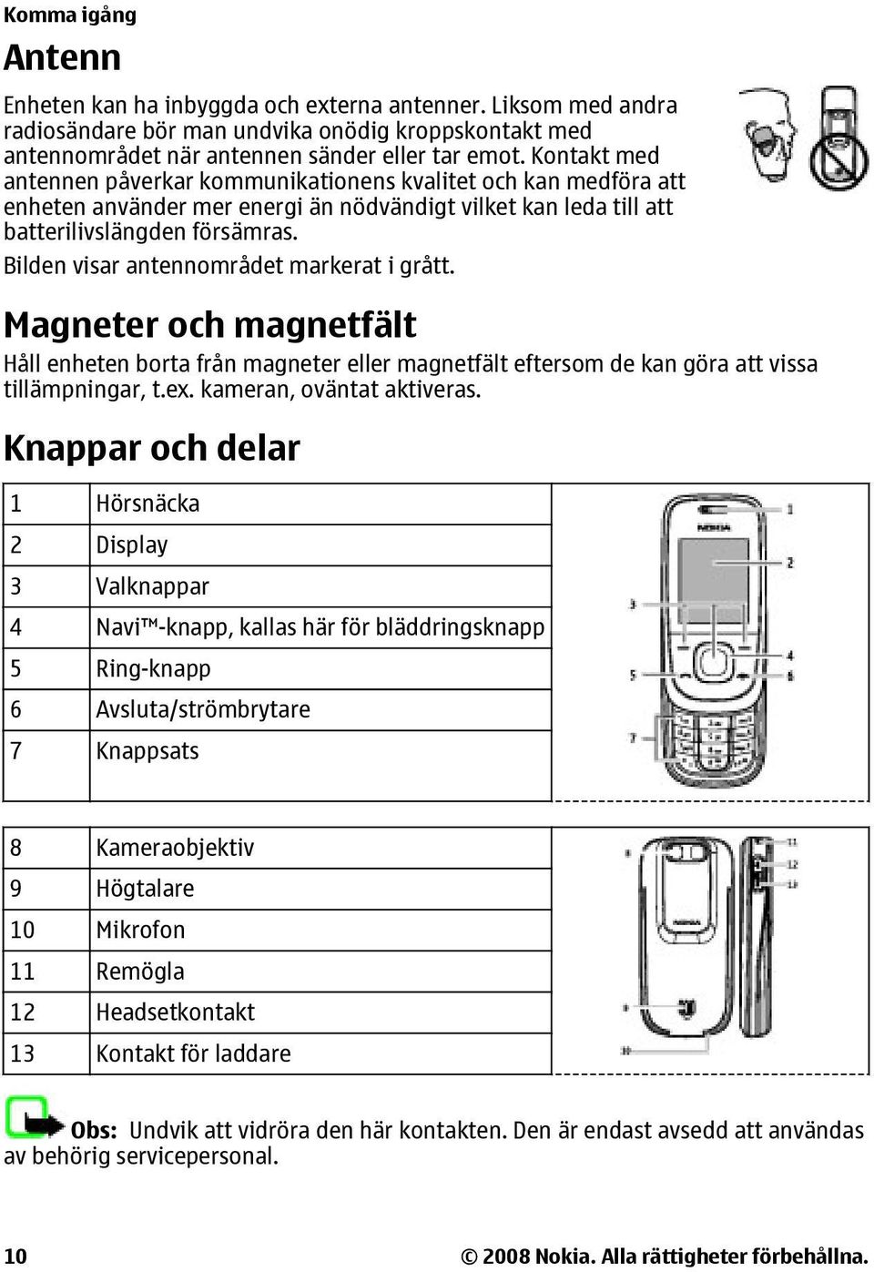 Bilden visar antennområdet markerat i grått. Magneter och magnetfält Håll enheten borta från magneter eller magnetfält eftersom de kan göra att vissa tillämpningar, t.ex. kameran, oväntat aktiveras.