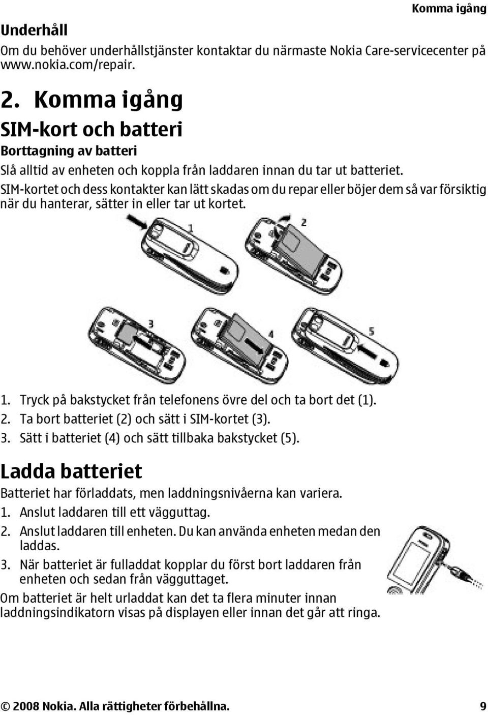 SIM-kortet och dess kontakter kan lätt skadas om du repar eller böjer dem så var försiktig när du hanterar, sätter in eller tar ut kortet. 1.