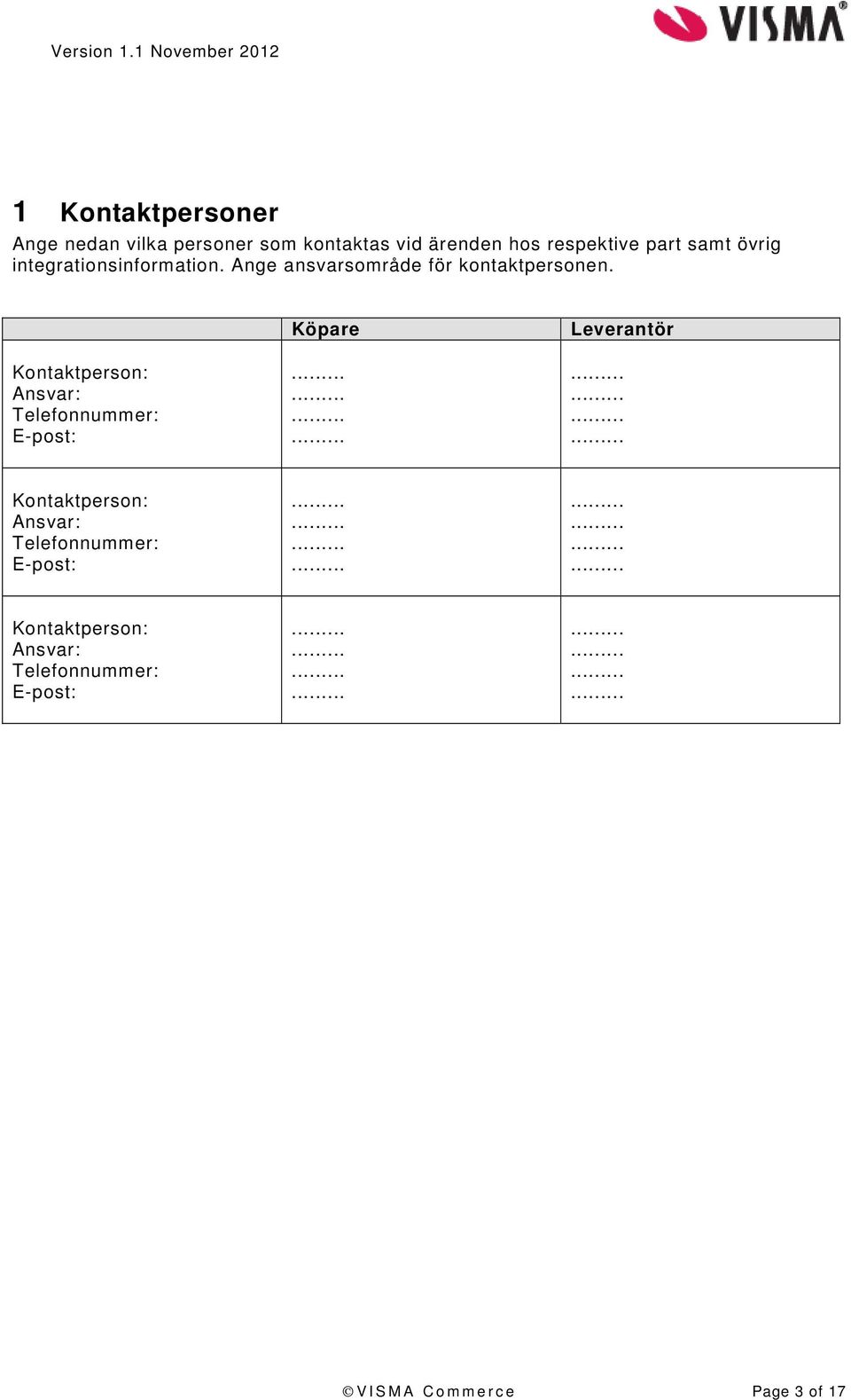 Kontaktperson: Ansvar: Telefonnummer: E-post: Köpare Leverantör Kontaktperson: Ansvar: