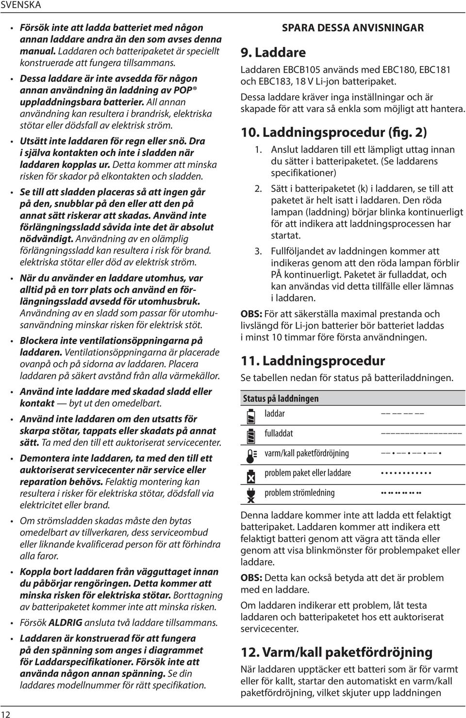 All annan användning kan resultera i brandrisk, elektriska stötar eller dödsfall av elektrisk ström. Utsätt inte laddaren för regn eller snö.