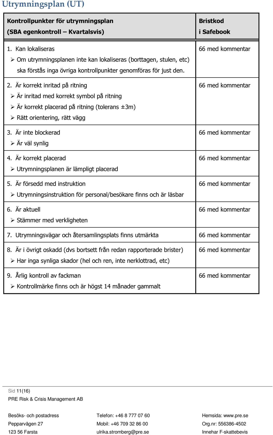 Är försedd med instruktion Utrymningsinstruktion för personal/besökare finns och är läsbar 6. Är aktuell Stämmer med verkligheten 7.