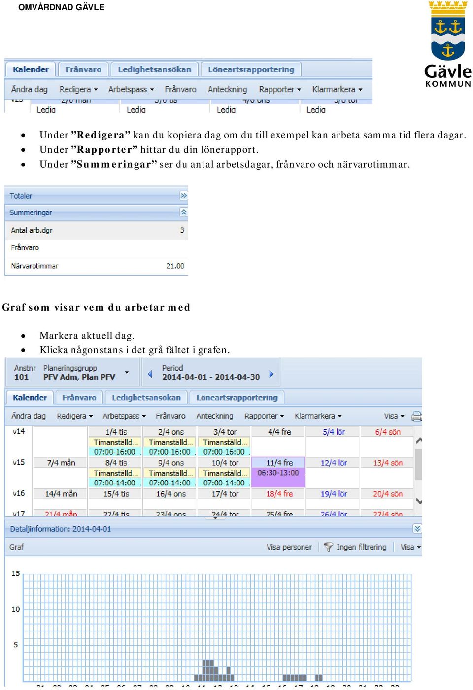 Under Summeringar ser du antal arbetsdagar, frånvaro och närvarotimmar.