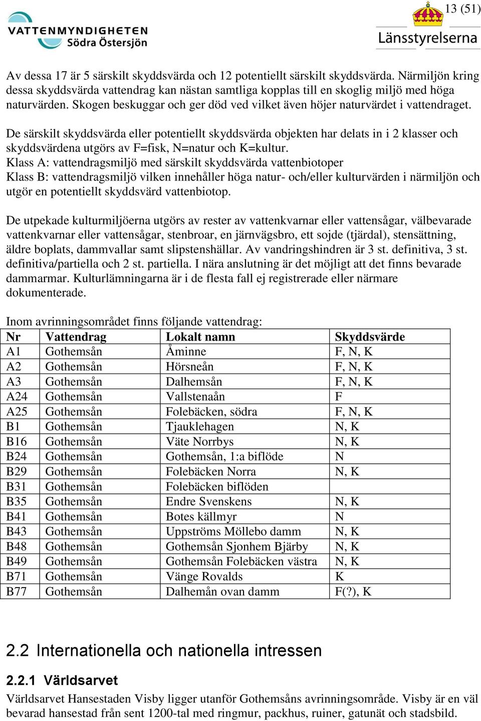 De särskilt skyddsvärda eller potentiellt skyddsvärda objekten har delats in i 2 klasser och skyddsvärdena utgörs av F=fisk, N=natur och K=kultur.
