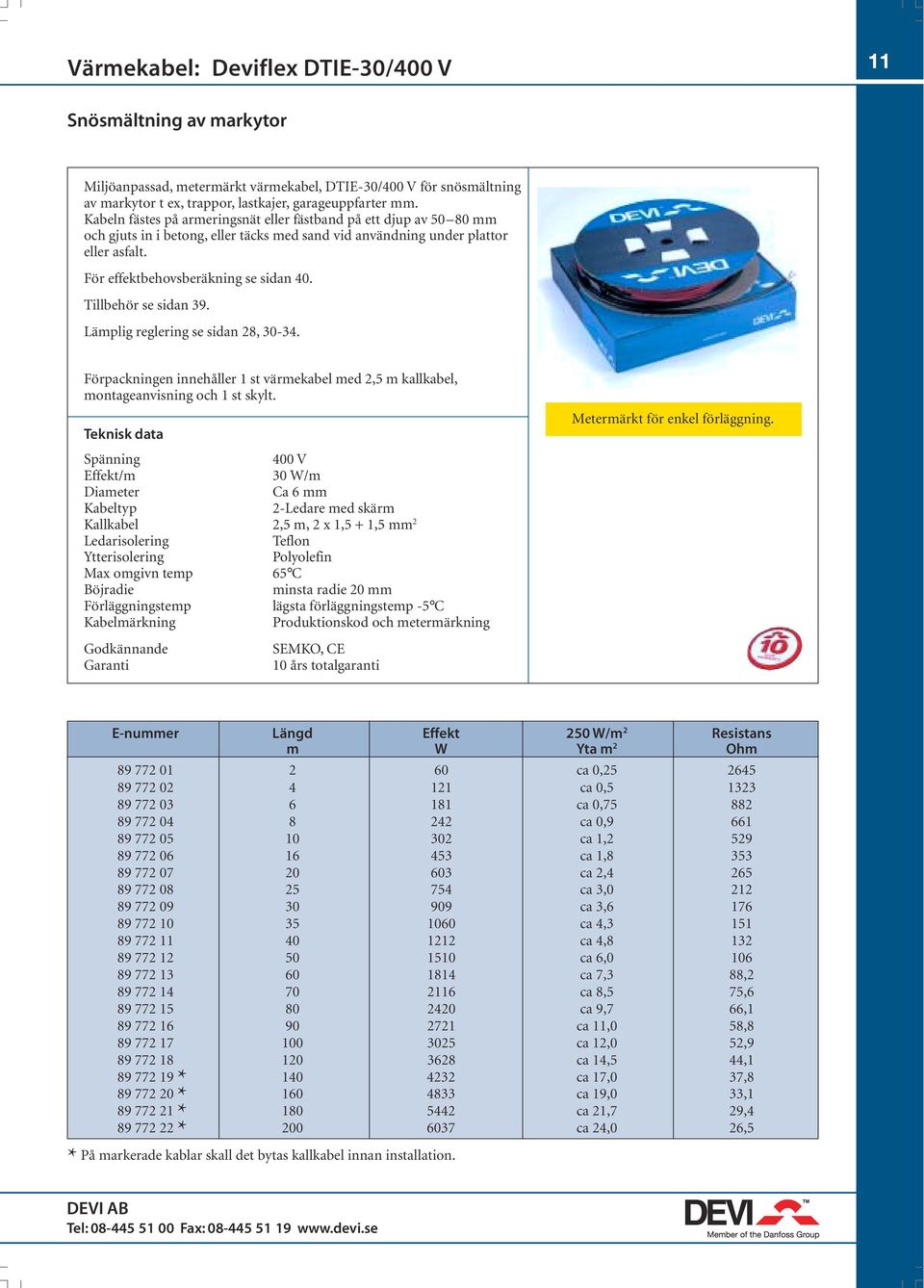 Tillbehör se sidan 39. Lämplig reglering se sidan 28, 30-34. Förpackningen innehåller 1 st värmekabel med 2,5 m kallkabel, montageanvisning och 1 st skylt.