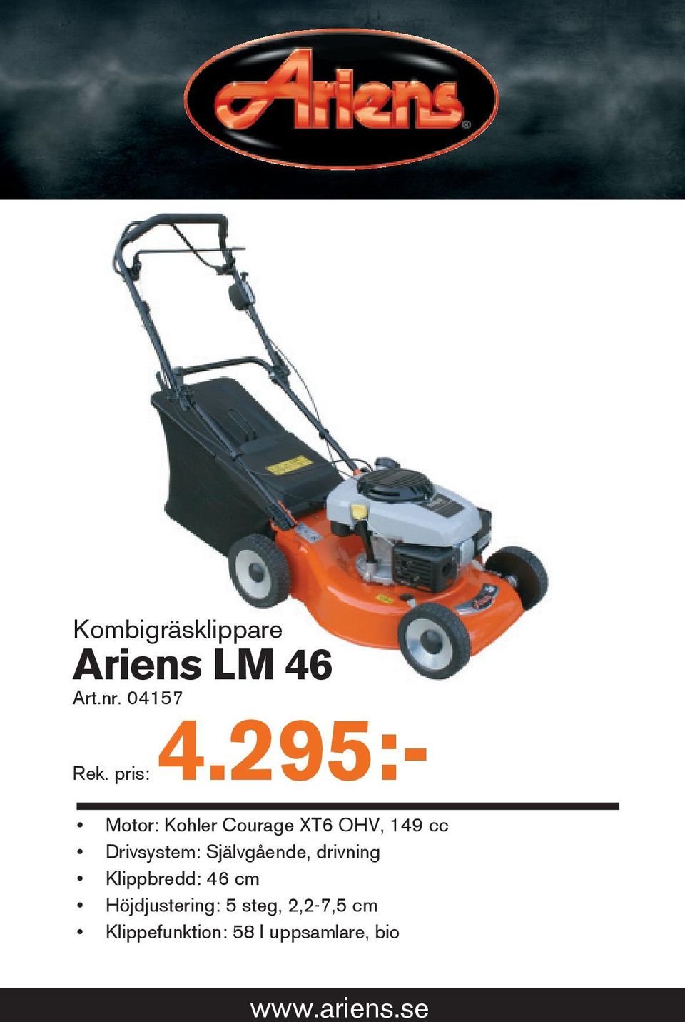 295:- Motor: Kohler Courage XT6 OHV, 149 cc Drivsystem: