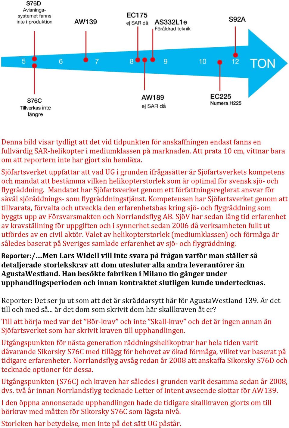 Sjöfartsverket uppfattar att vad UG i grunden ifrågasätter är Sjöfartsverkets kompetens och mandat att bestämma vilken helikopterstorlek som är optimal för svensk sjö- och flygräddning.
