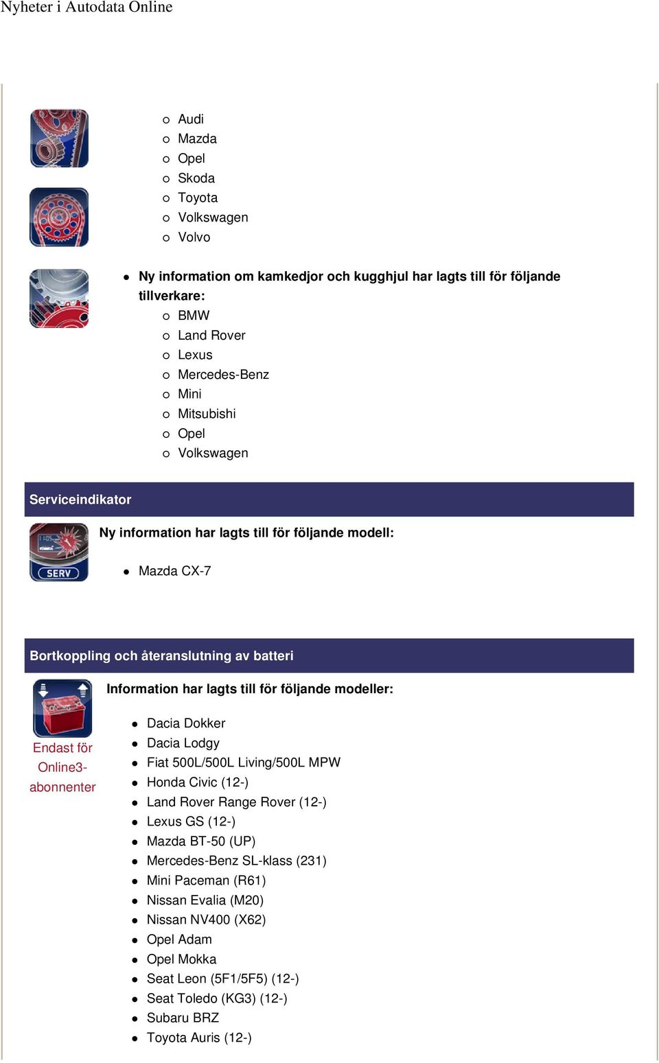 modeller: Endast för Online3- abonnenter Dacia Dokker Dacia Lodgy Fiat 500L/500L Living/500L MPW Honda Civic (12-) Land Rover Range Rover (12-) Lexus GS (12-) Mazda BT-50 (UP)