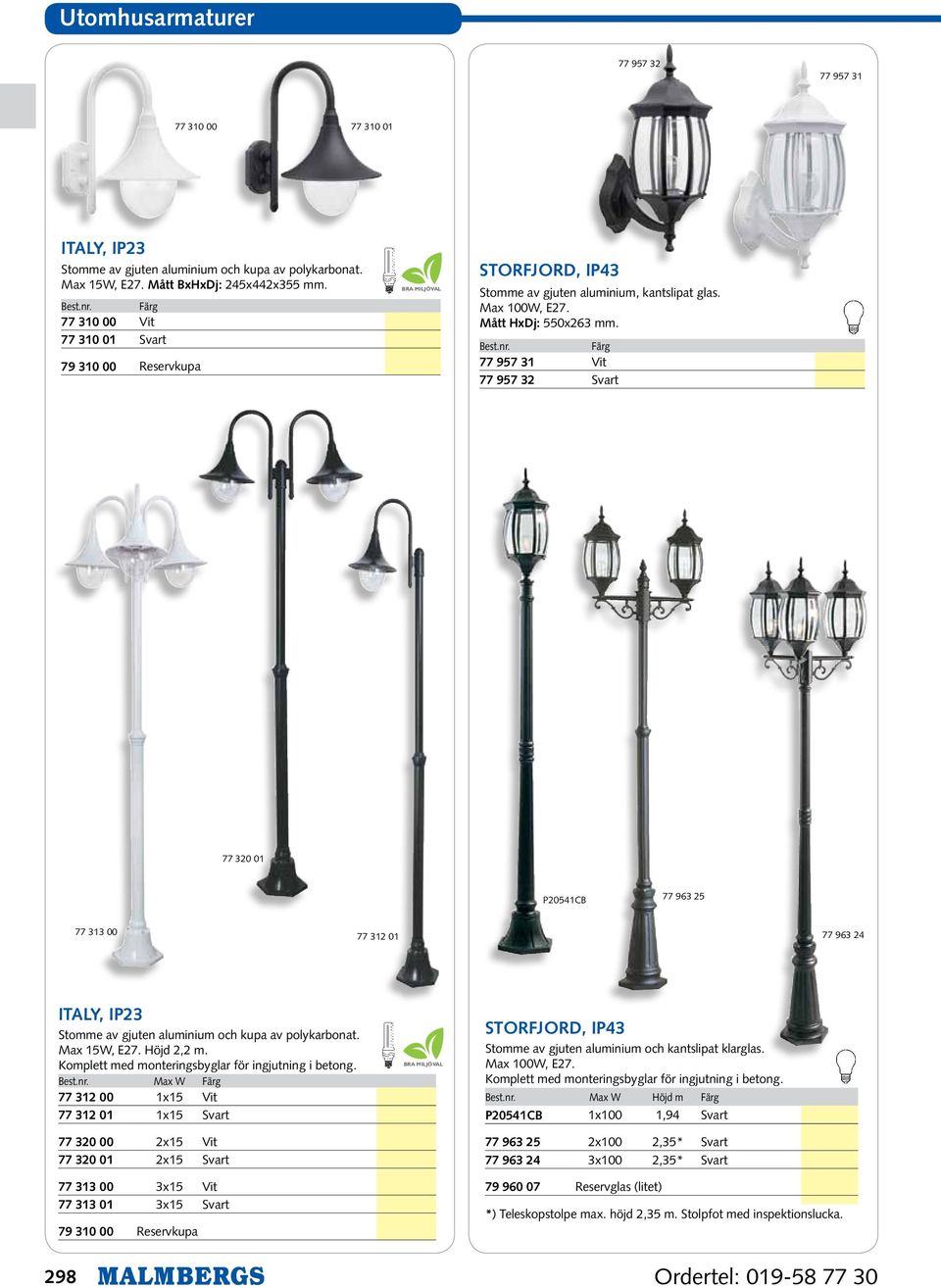 77 957 31 Vit 77 957 32 Svart 77 320 01 P20541CB 77 963 25 77 313 00 77 312 01 77 963 24 ITALY, IP23 Stoe av gjuten aluminium och kupa av polykarbonat. Max 15, E27. Höjd 2,2 m.