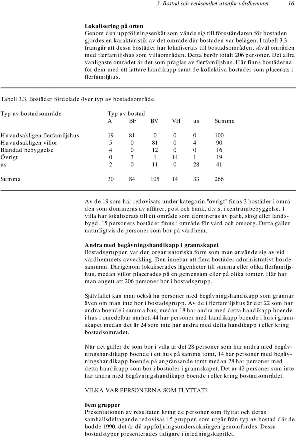 Det allra vanligaste området är det som präglas av flerfamiljshus. Här finns bostäderna för dem med ett lättare handikapp samt de kollektiva bostäder som placerats i flerfamiljhus. Tabell 3.