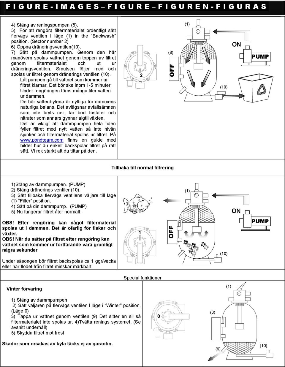 Genom den här manövern spolas vattnet genom toppen av filtret genom filtermaterialet och ut ur dräneringsventilen. Smutsen följer med och spolas ur filtret genom dränerings ventilen (0).