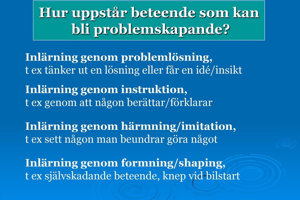 Inlärning genom instruktion, t ex genom att någon berättar/förklarar Inlärning genom