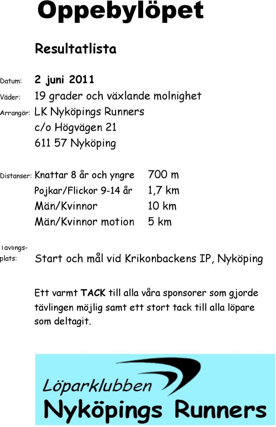Män/Kvinnor motion 700 m 1,7 km 10 km 5 km Tävlingsplats: Start och mål vid Krikonbackens IP, Nyköping Ett