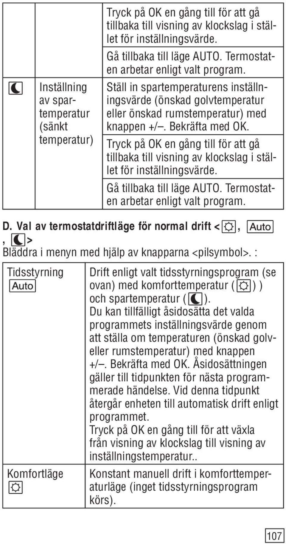 Tryck på OK en gång till för att gå tillbaka till visning av klockslag i stället för inställningsvärde. Gå tillbaka till läge AUTO. Termostaten arbetar enligt valt program. D.