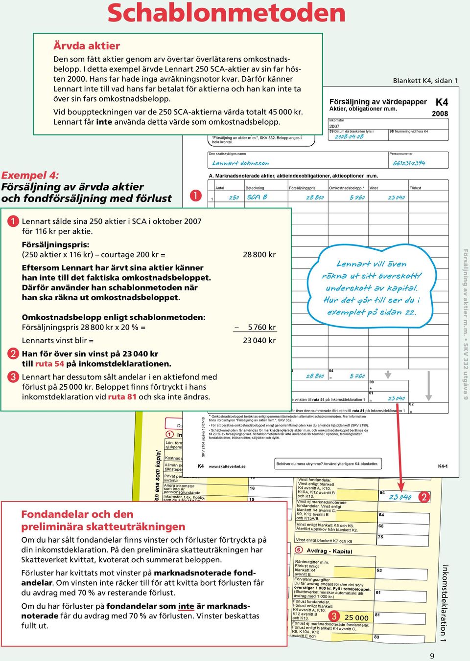 Vid bouppteckningen var de 0 SCA-aktierna värda totalt 000 kr. Lennart får inte använda detta värde som omkostnadsbelopp.