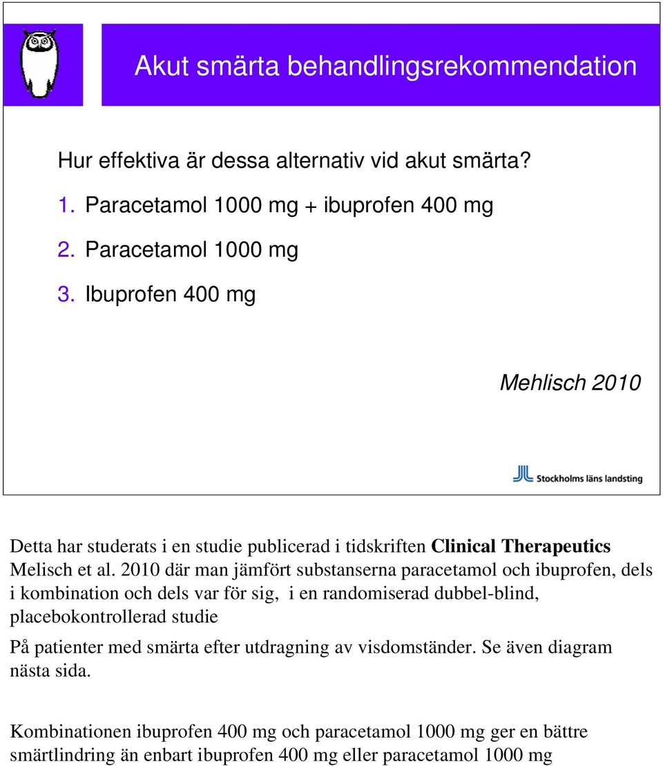 2010 där man jämfört substanserna paracetamol och ibuprofen, dels i kombination och dels var för sig, i en randomiserad dubbel-blind, placebokontrollerad studie På