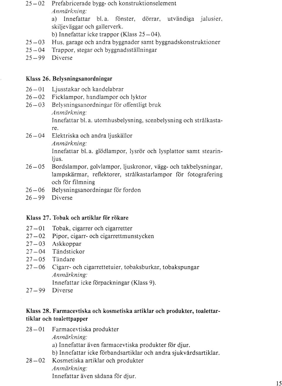 handlampor och lyktor 26-03 Belysningsanordningar för offentligt bruk Innefattar bl. a. utomhusbelysning. scenbelysning och strålkastare. 26-04 Elektriska och andra ljuskällor Innefattar b1.a. glödlampor, lysrör och lysplattor samt stearin- ljus.