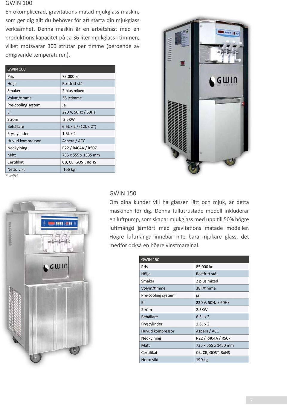 000 kr Hölje Rostfritt stål Smaker 2 plus mixed Volym/timme 38 l/timme Pre-cooling system Ja El 220 V, 50Hz / 60Hz Ström 2.5KW Behållare 6.5L x 2 / (12L x 2*) Fryscylinder 1.