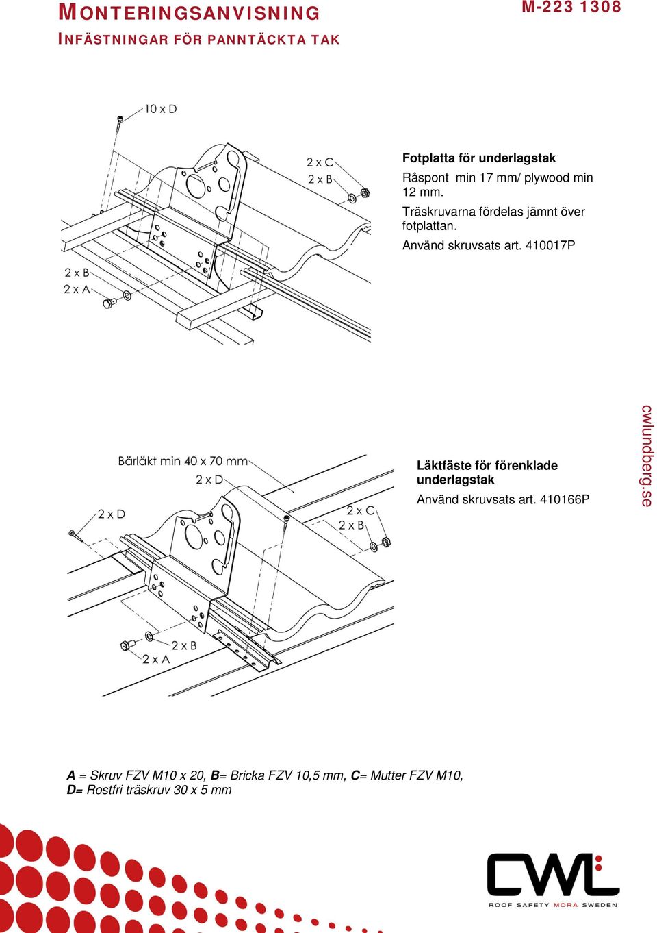 MONTERINGSANVISNING M INFÄSTNINGAR FÖR PANNTÄCKTA TAK. cwlundberg ...