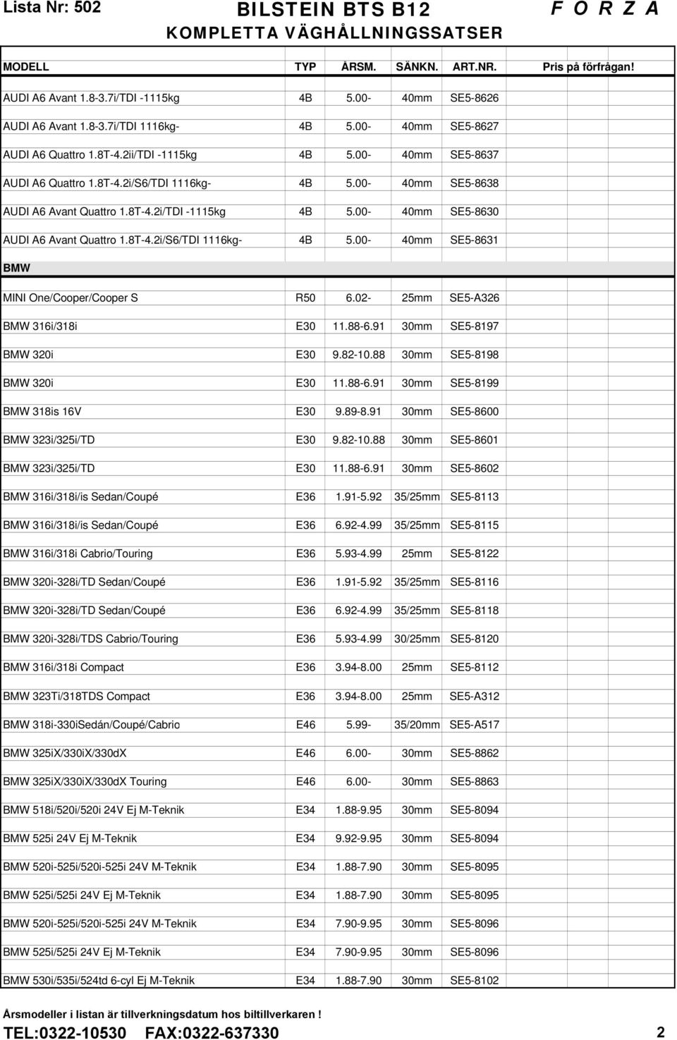 02-25mm SE5-A326 BMW 316i/318i E30 11.88-6.91 30mm SE5-8197 BMW 320i E30 9.82-10.88 30mm SE5-8198 BMW 320i E30 11.88-6.91 30mm SE5-8199 BMW 318is 16V E30 9.89-8.