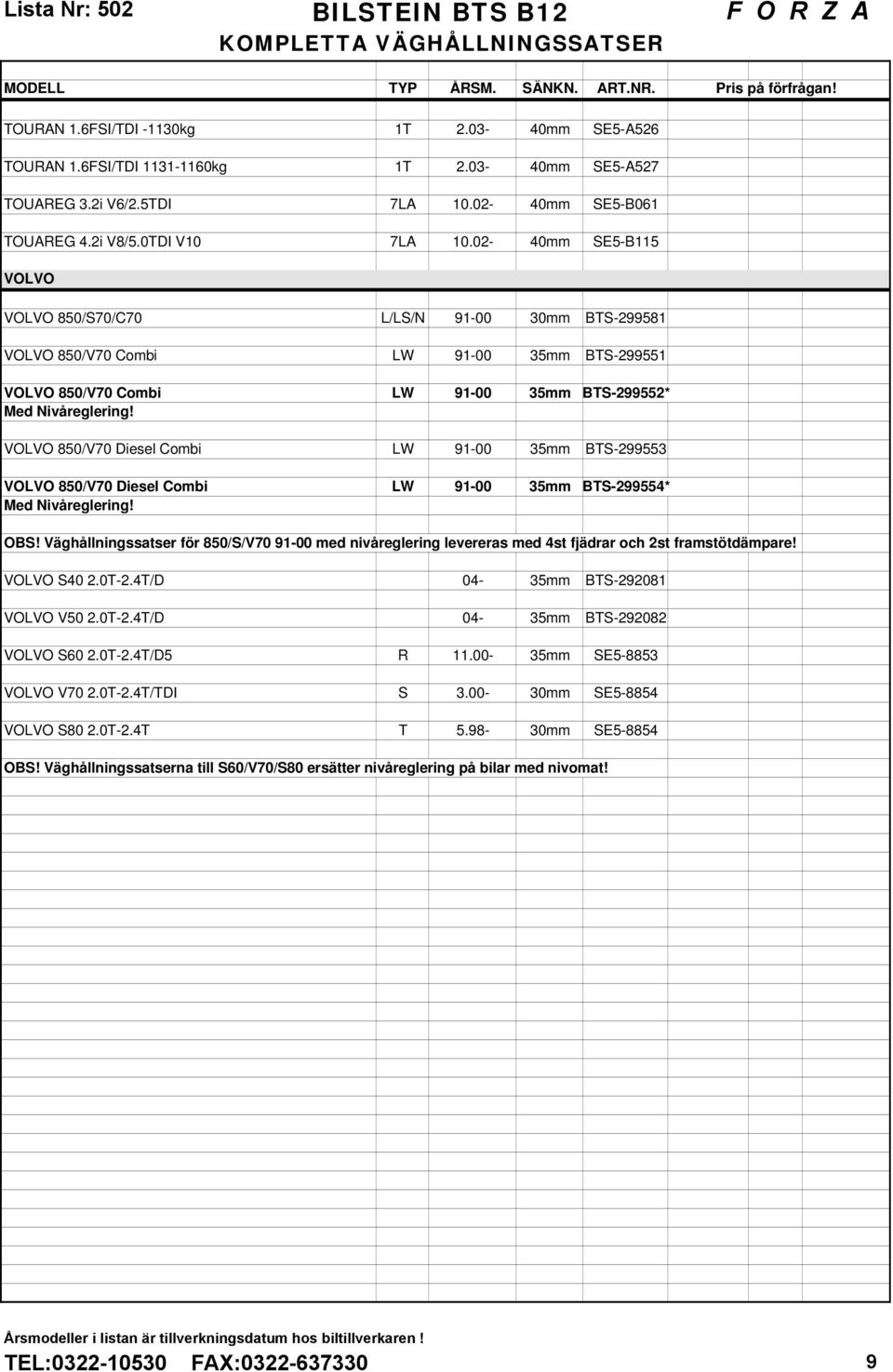 VOLVO 850/V70 Diesel Combi LW 91-00 35mm BTS-299553 VOLVO 850/V70 Diesel Combi LW 91-00 35mm BTS-299554* Med Nivåreglering! OBS!