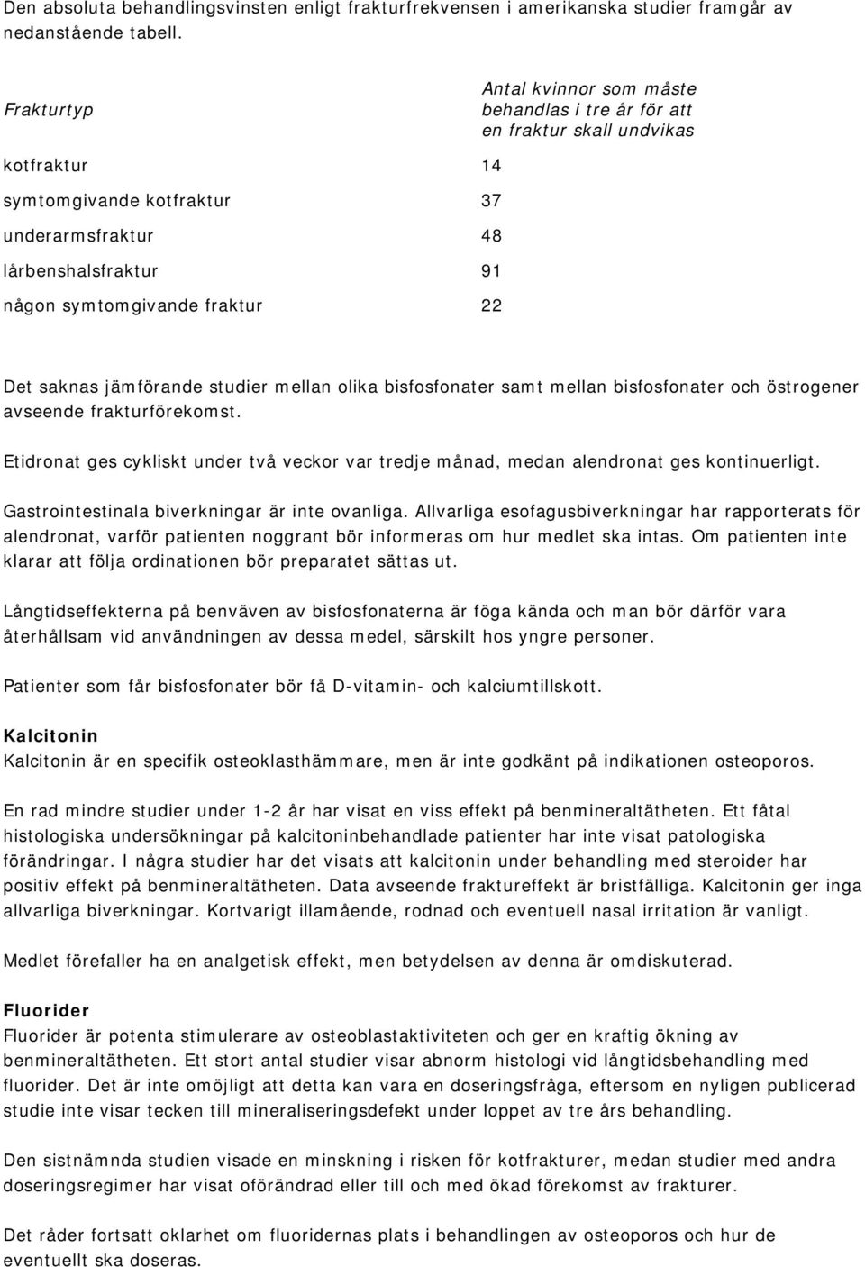 22 Det saknas jämförande studier mellan olika bisfosfonater samt mellan bisfosfonater och östrogener avseende frakturförekomst.