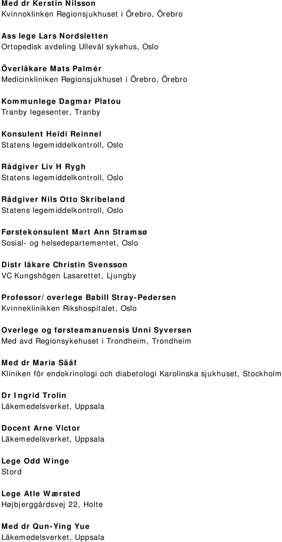 Skribeland Statens legemiddelkontroll, Oslo Førstekonsulent Mart Ann Stramsø Sosial- og helsedepartementet, Oslo Distr läkare Christin Svensson VC Kungshögen Lasarettet, Ljungby Professor/overlege