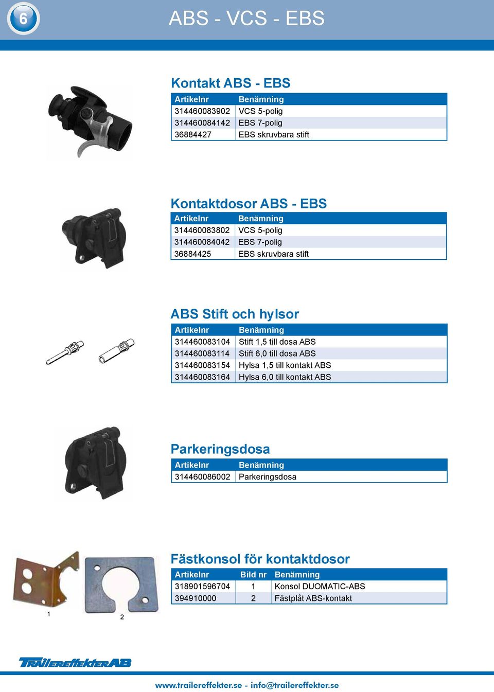 dosa ABS 344600834 Stift 6,0 till dosa ABS 3446008354 Hylsa,5 till kontakt ABS 3446008364 Hylsa 6,0 till kontakt ABS