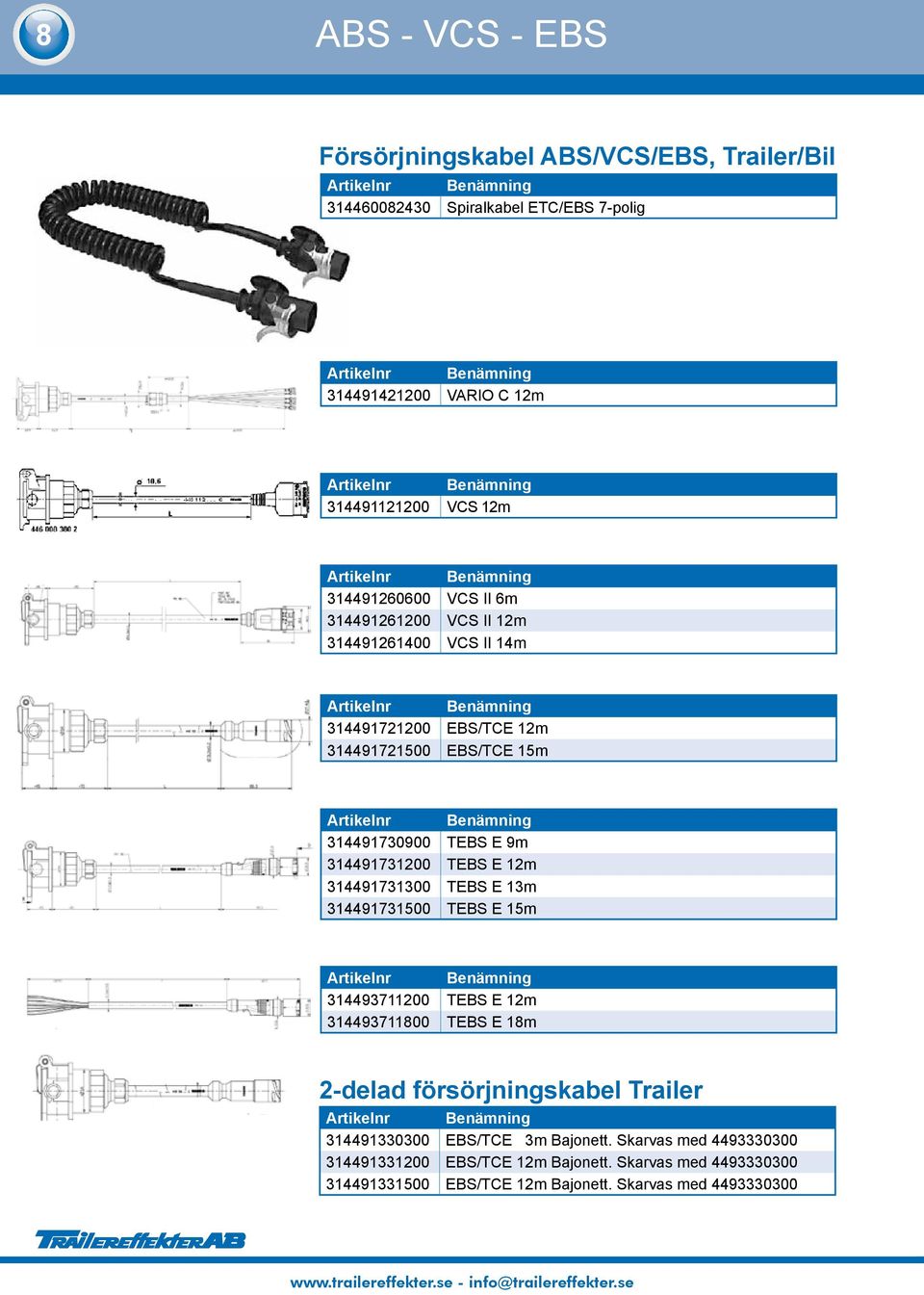 344973300 TEBS E 3m 344973500 TEBS E 5m 34493700 TEBS E m 344937800 TEBS E 8m -delad försörjningskabel Trailer 3449330300 EBS/TCE 3m