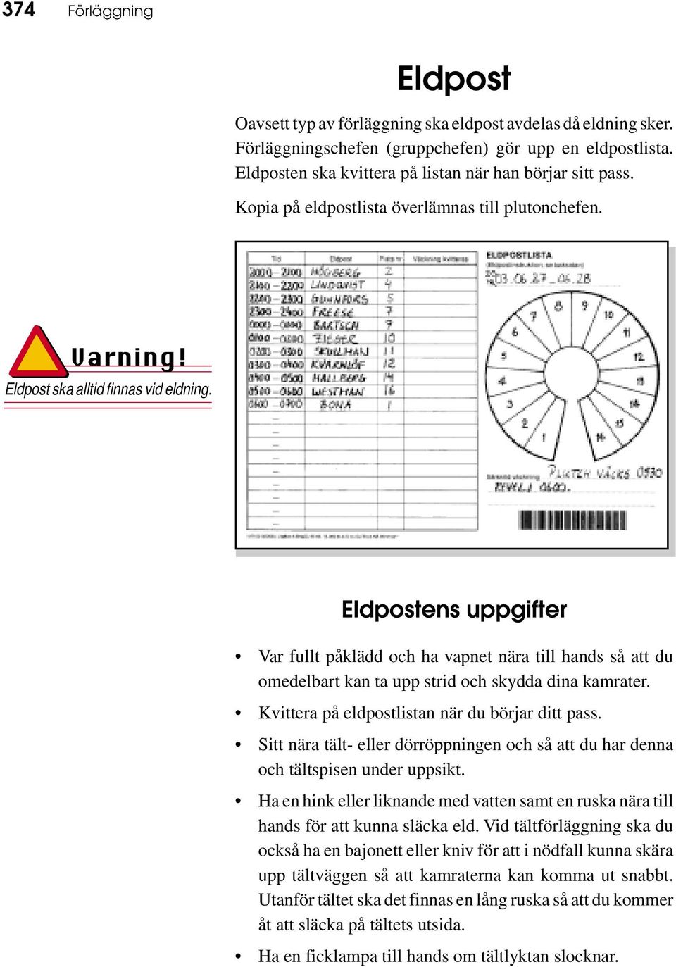 Eldpostens uppgifter Var fullt påklädd och ha vapnet nära till hands så att du omedelbart kan ta upp strid och skydda dina kamrater. Kvittera på eldpostlistan när du börjar ditt pass.