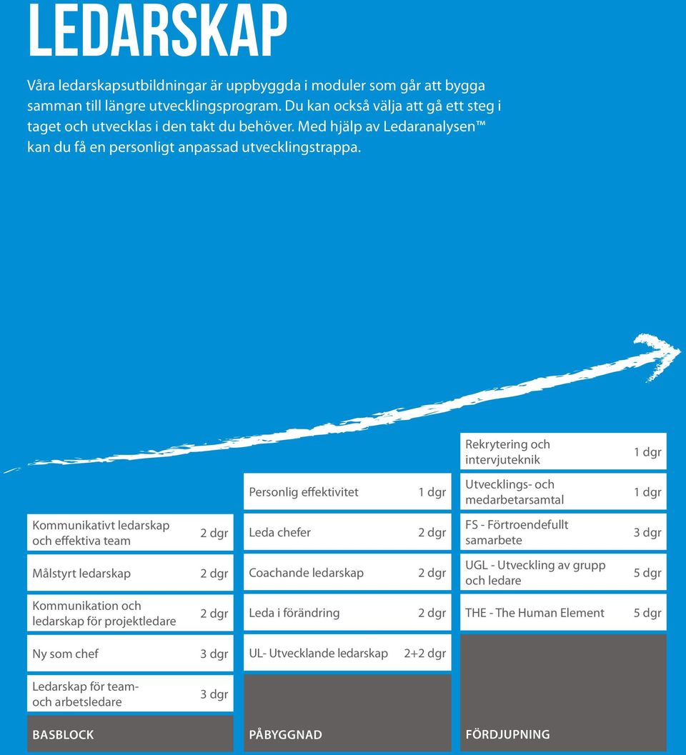 Rekrytering och intervjuteknik 1 dgr Personlig effektivitet 1 dgr Utvecklings- och medarbetarsamtal 1 dgr Kommunikativt ledarskap och effektiva team Leda chefer FS - Förtroendefullt samarbete